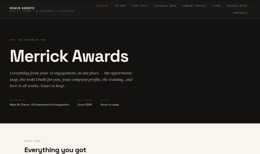 The client deliverable hub: a branded home page collecting the opportunity map, the tools, the docs and the training