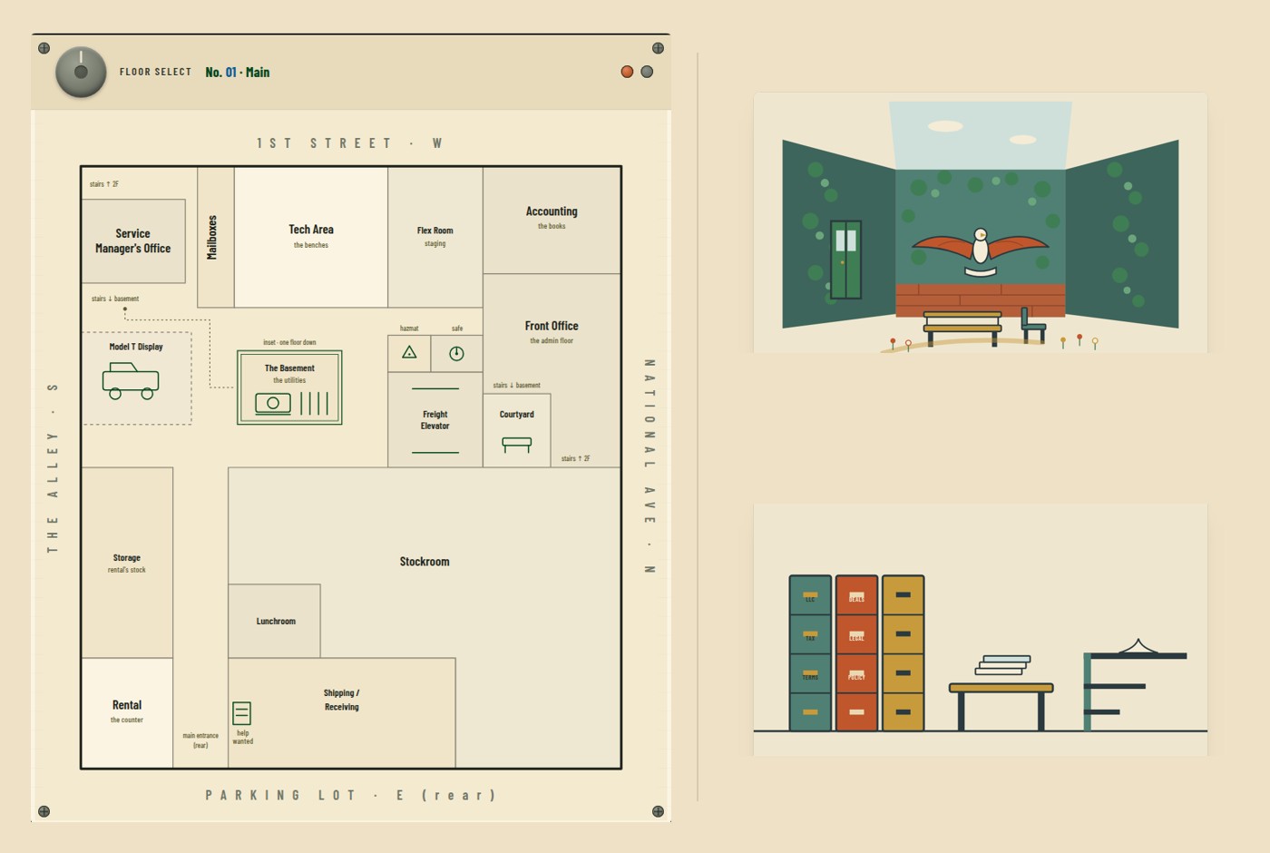 Three pieces of the project: the traced first-floor plan, the courtyard, and the front office's wall of file cabinets