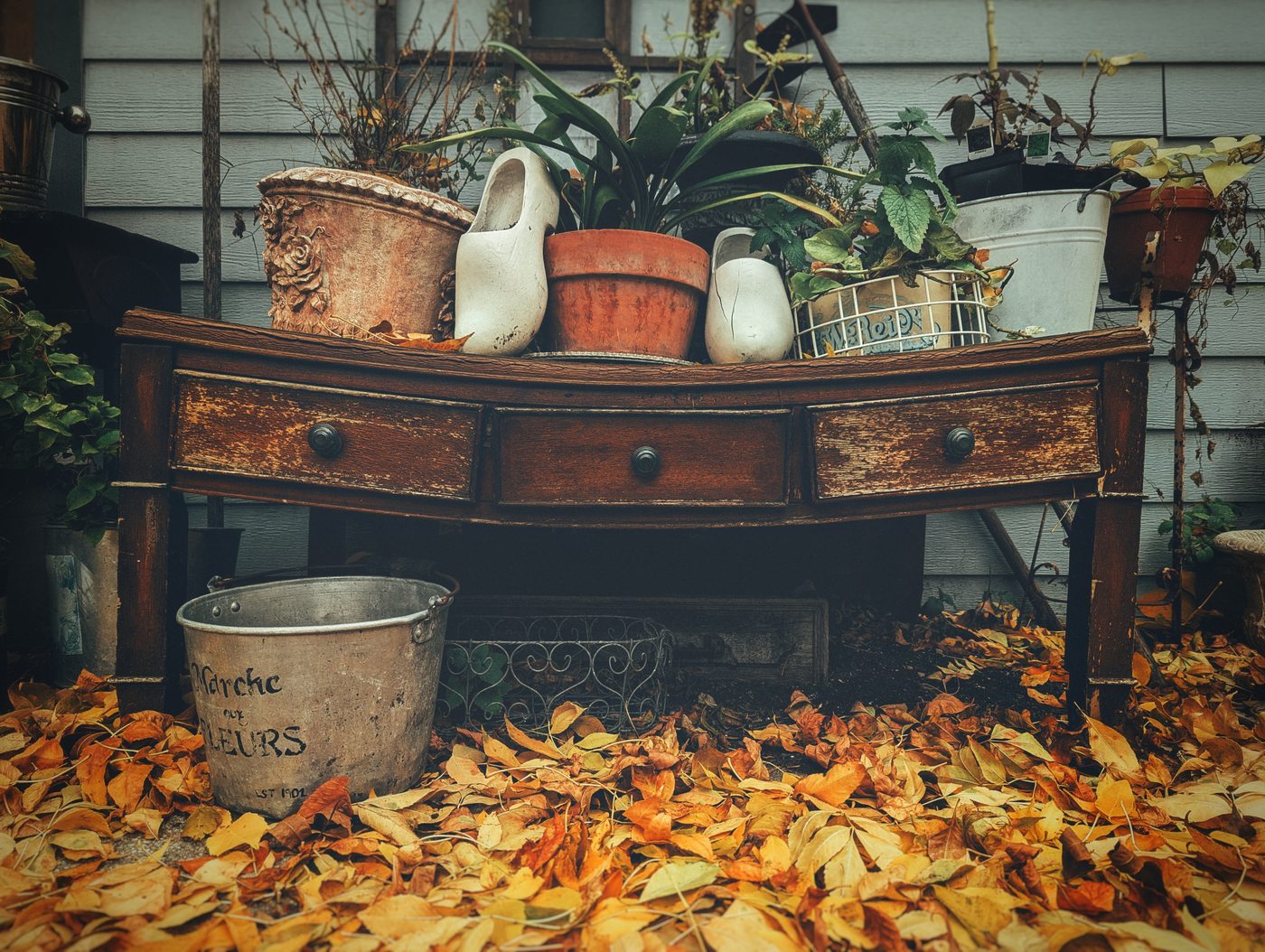 An old table of potted plants and wooden clogs outside a vintage shop, sitting in a drift of fall leaves