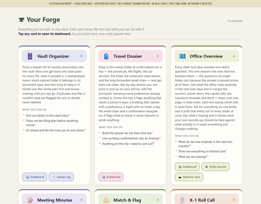 The home board of a family office's Forge — ten machine cards, each with its own dashboard, on one screen