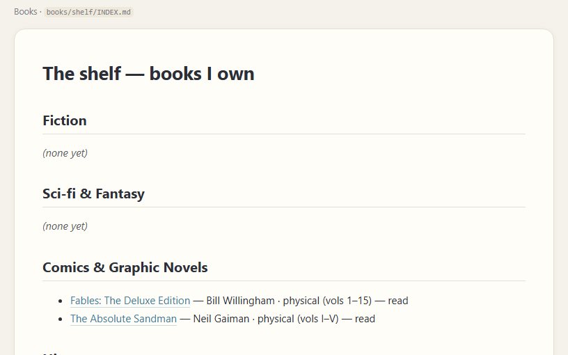 The book shelf, grouped by subject, with a wishlist