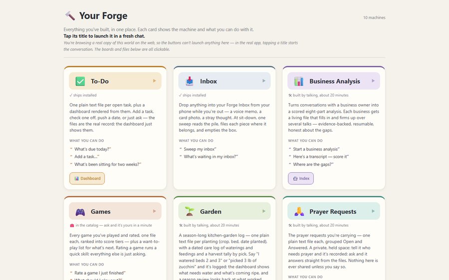 The home board of Nate's own Forge: ten machine cards, each with a dashboard and the phrases you'd say to run it