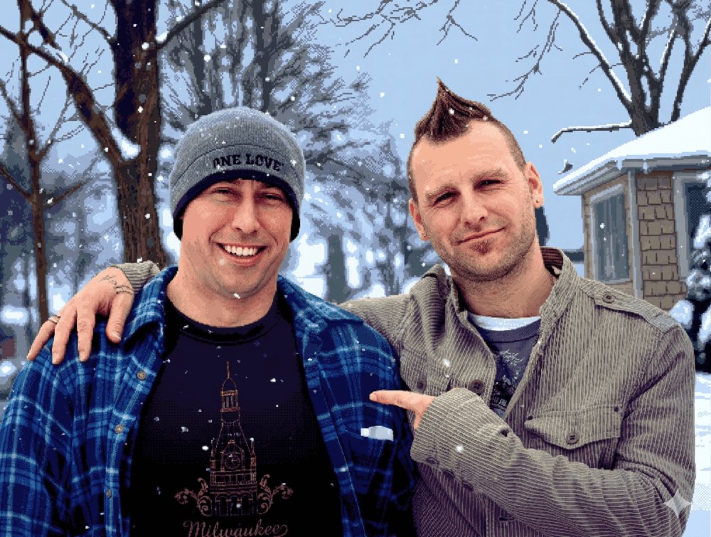 Nate and Jay, the two hosts of the podcast, outside in the snow