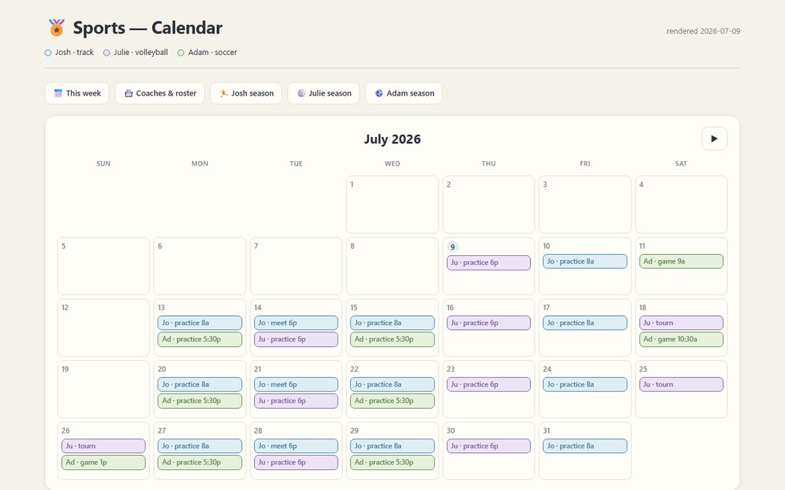 The month calendar, color-coded by kid