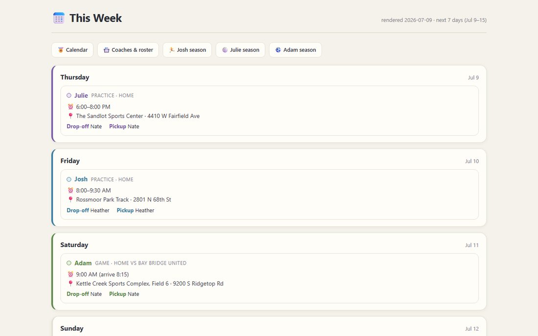 The this-week agenda with drop-off and pickup lines
