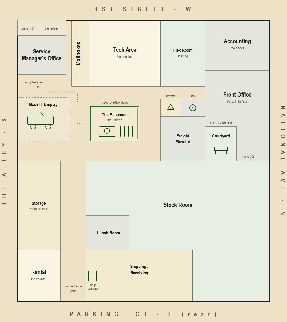 The first-floor plan of the shop, every room labeled